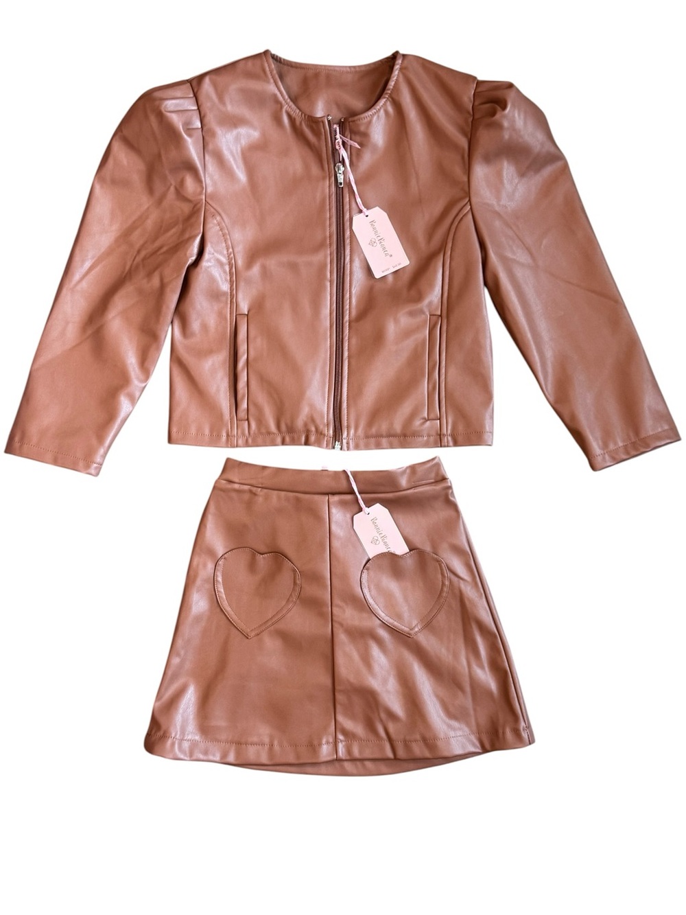 Girls Faux Leather Jacket & Heart-Pocket Skirt Set - Tan